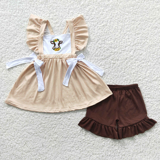 girls cow & sunflower embroidery outfits GSSO0233