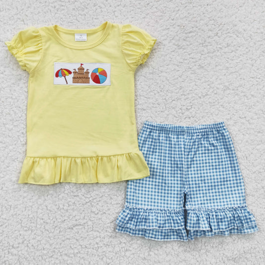 girls Beach castle embroidery t-shirts+shorts sets GSSO0276