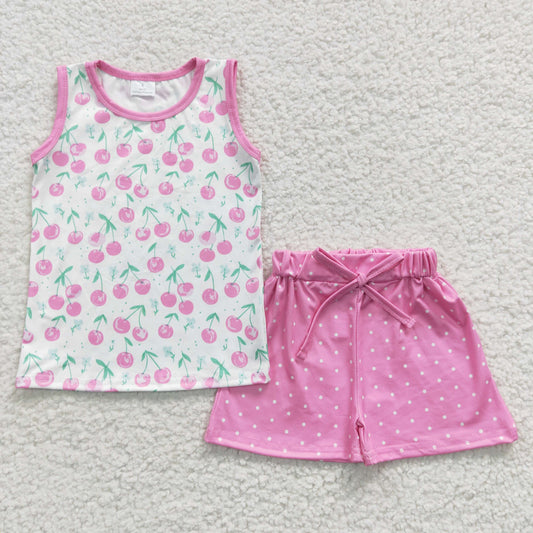 girls cherry printed tank tops shorts sets GSSO0323