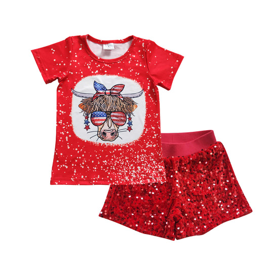 Cow head red tops sequin shorts sets GSSO0352