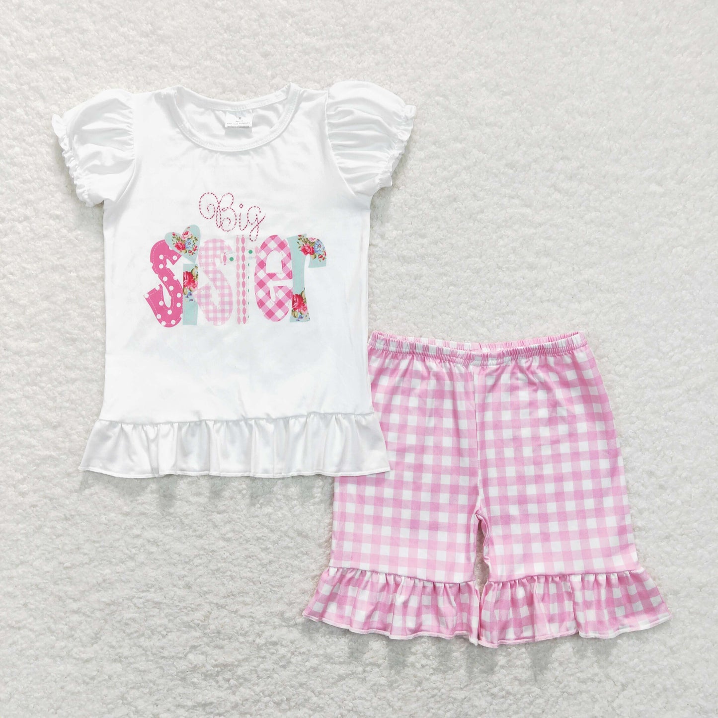 Sibling Baby Girls Little Big Sister Tee Shirts Ruffle Plaid Shorts Clothes Sets