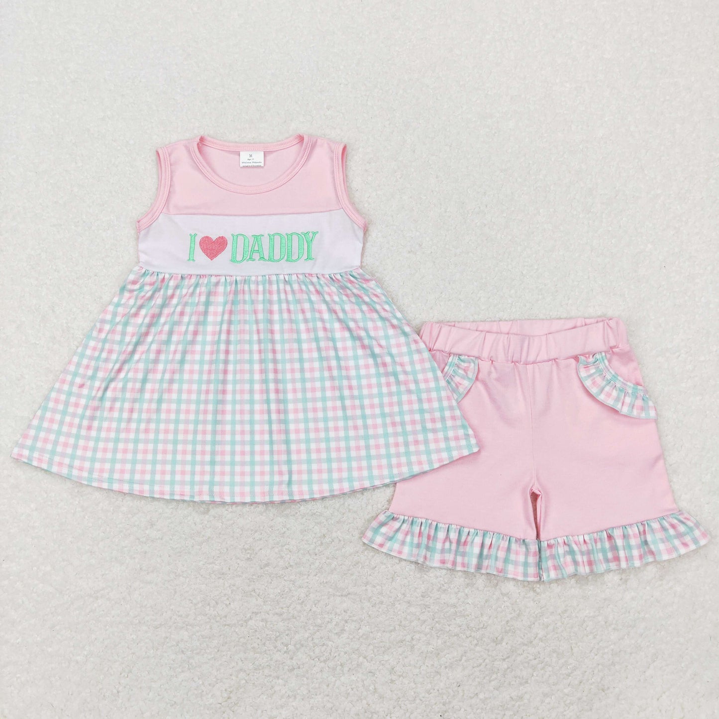 Sibling Baby Girls Embroidery I Love Dad Top Ruffle Shorts Clothes Set