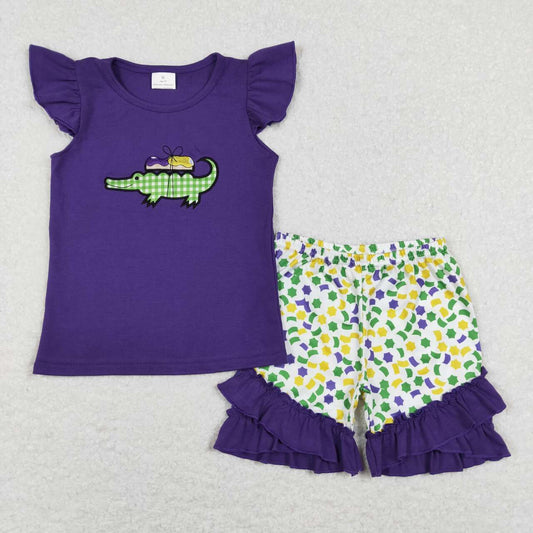 GSSO0444 baby girl clothes embroidery crocodile girl Mardi Gras summer outfit