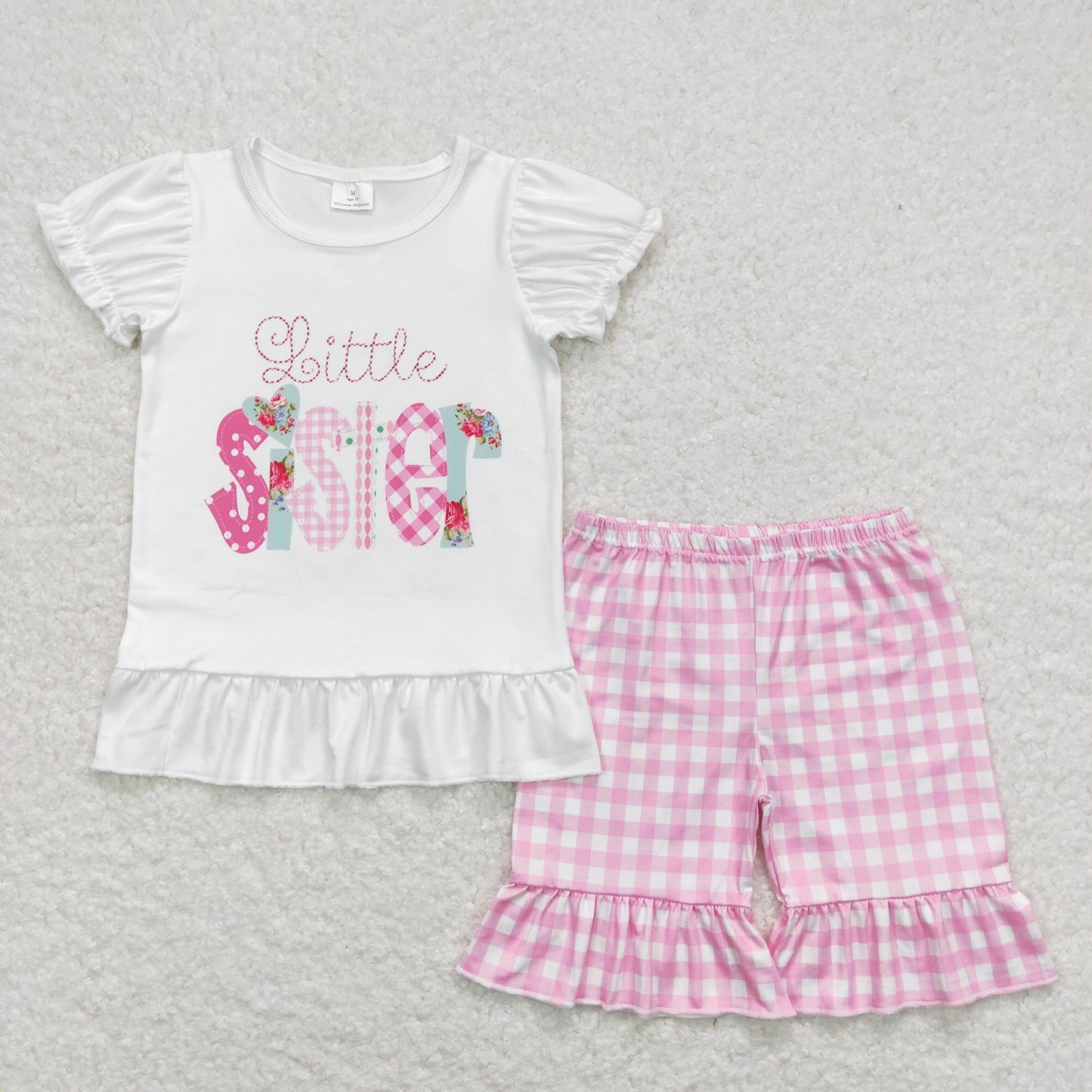 Sibling Baby Girls Little Big Sister Tee Shirts Ruffle Plaid Shorts Clothes Sets