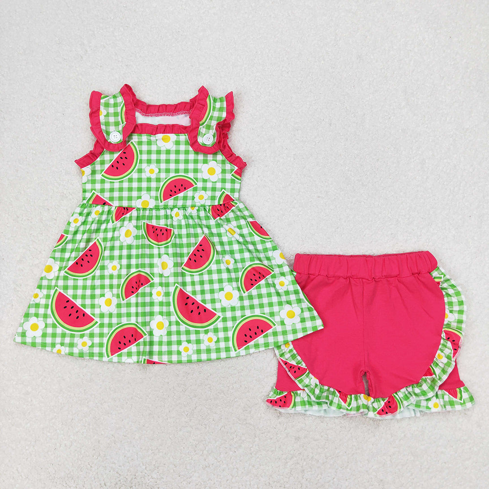 GSSO0701  baby girls summer green watermelon tunic ruffle shorts outfits sets