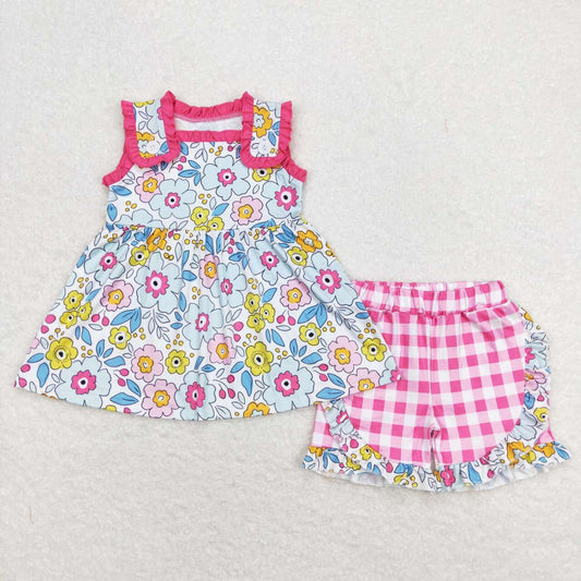 GSSO0711  baby girls summer pink flowers tunic ruffle shorts outfits sets