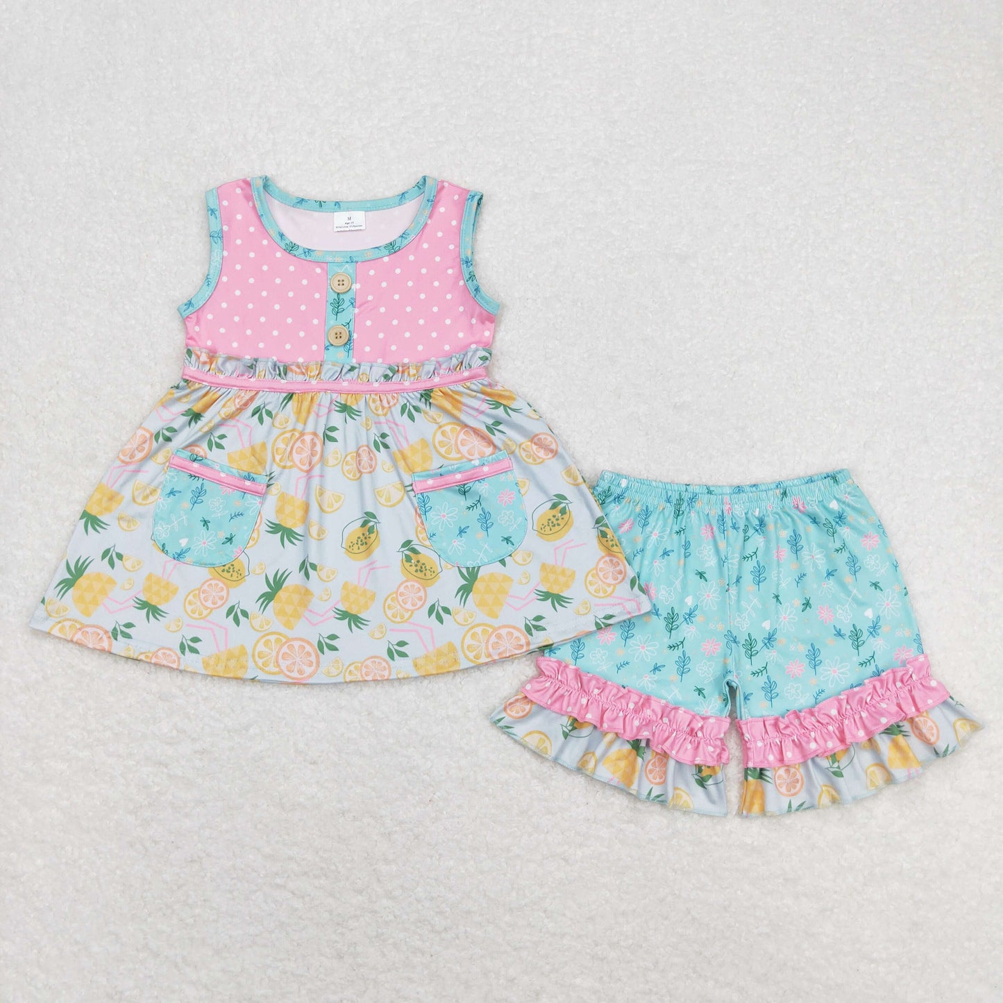 Sibling Baby Girls Sleeveless Bows Lemons Pockets Button Tunic Ruffle Shorts Set