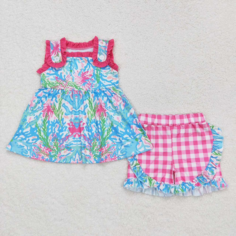 GSSO0845  baby girls summer sea weed tunic ruffle shorts outfits sets