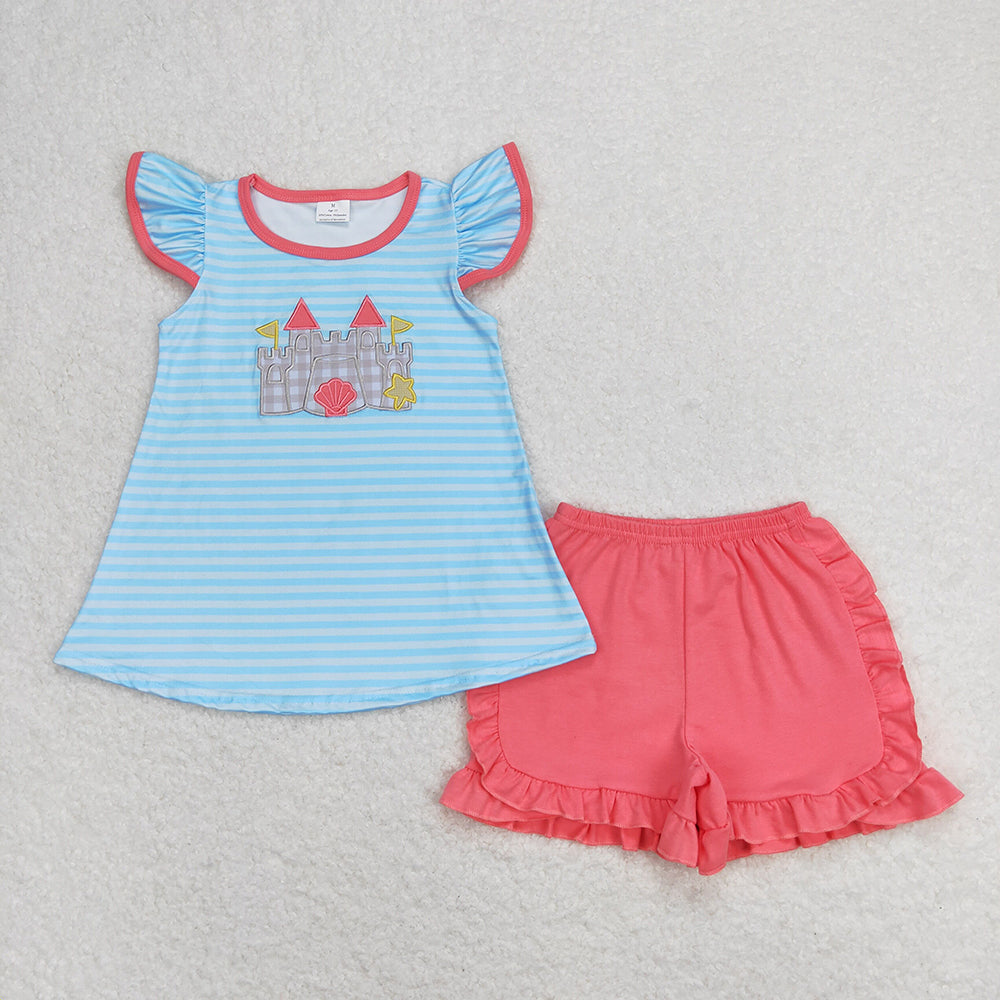 GSSO0875 baby girl clothes blue stripes castle summer outfits