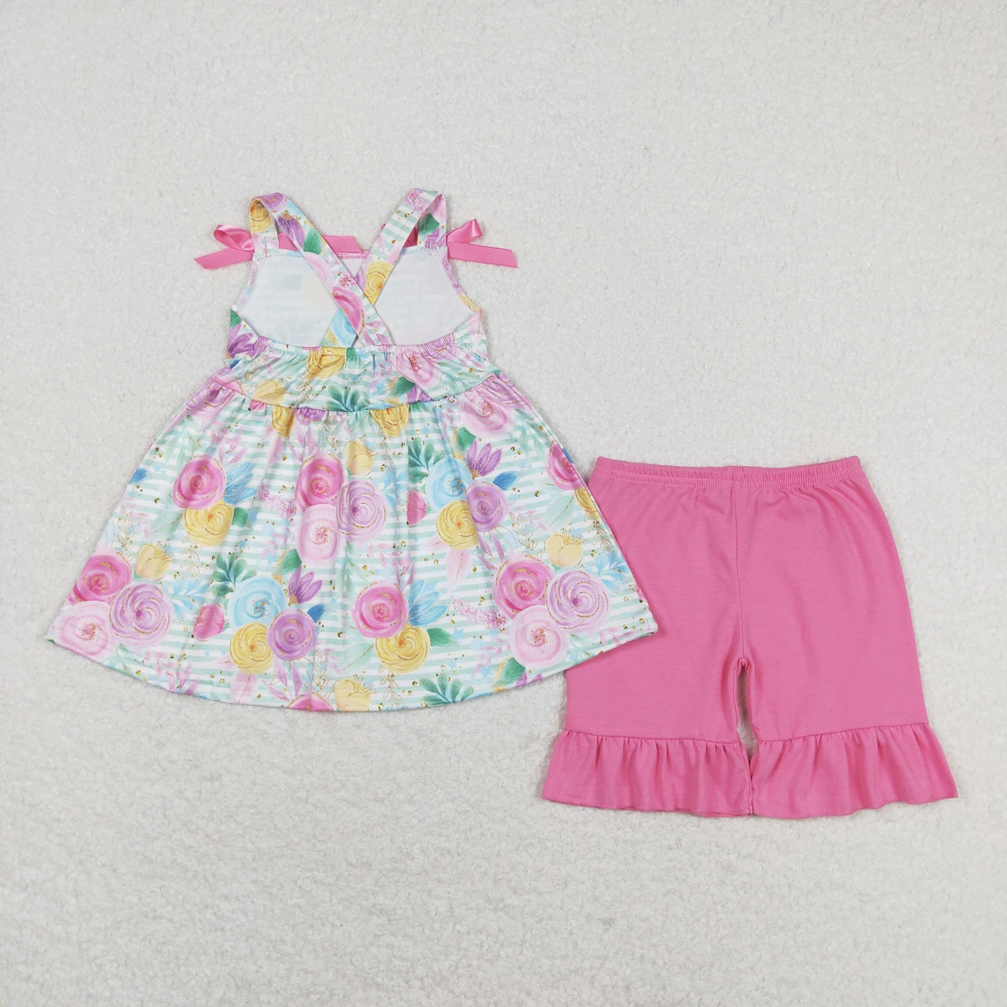 Sibling Baby Girls Straps Floral Tunic Ruffle Shorts Summer Clothes Sets