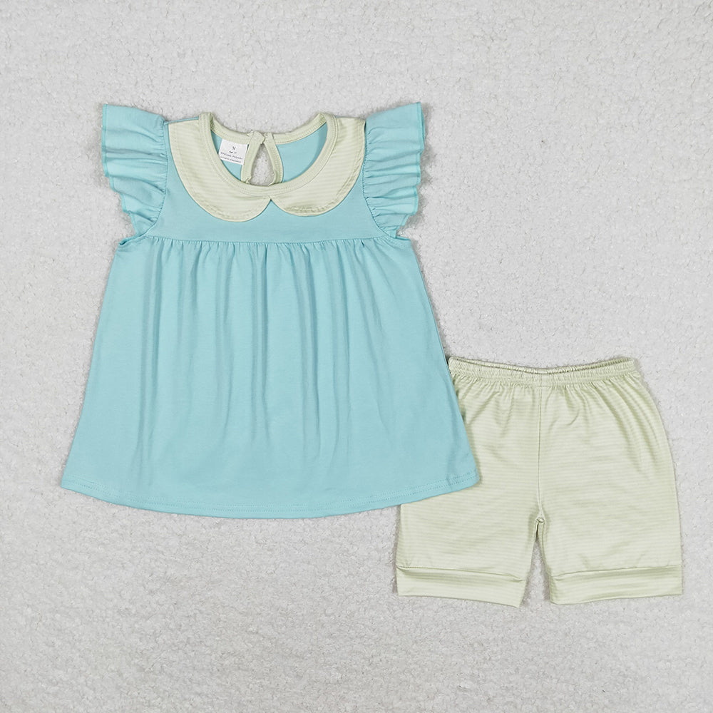 GSSO1065 Girls aqua flutter sleeve tunic top stripes shorts outfits sets