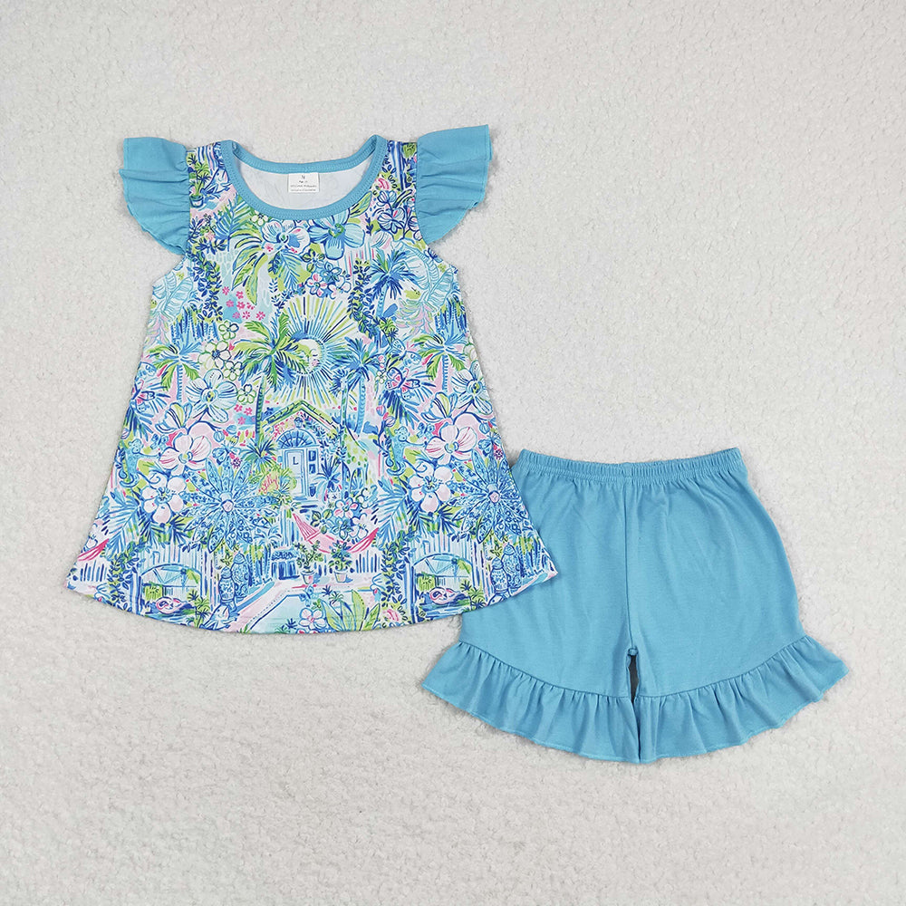 GSSO1084 baby girl blue flowers tunic summer outfits sets