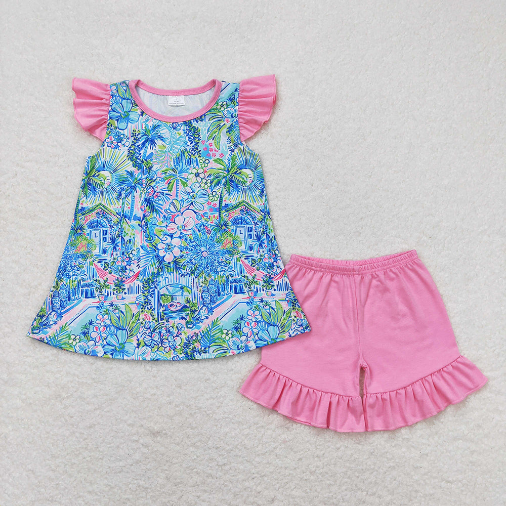 GSSO1085 baby girl blue pink flowers tunic summer outfits sets
