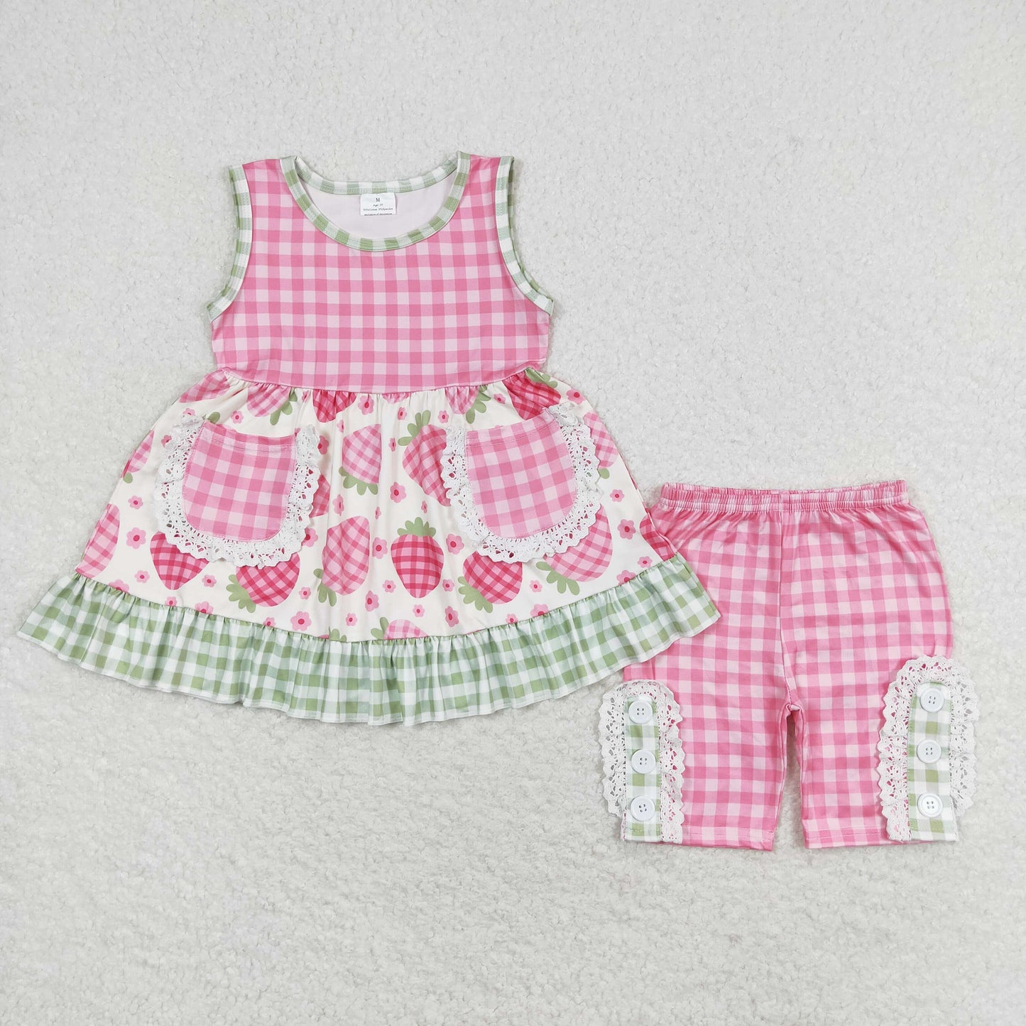 Sibling Baby Girls Pink Checked Strawberry Pockets Tunic Shorts Clothes Sets Collar Jumpsuits