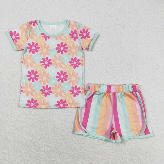 GSSO1297 baby girls orange flowers shirt stripes summer outfits