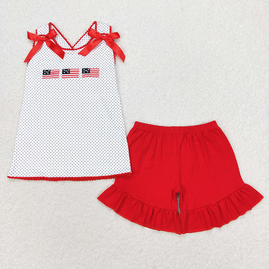 GSSO1414 baby girls 4th of July patriotic toddler flag embroidery bows summer outfits