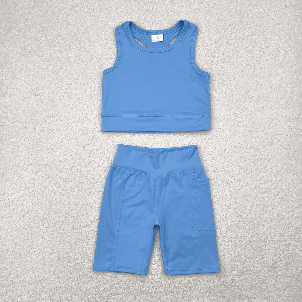 GSSO1515 Blue Vest Top Yoga Biking Shorts Boutique Outfits Sets