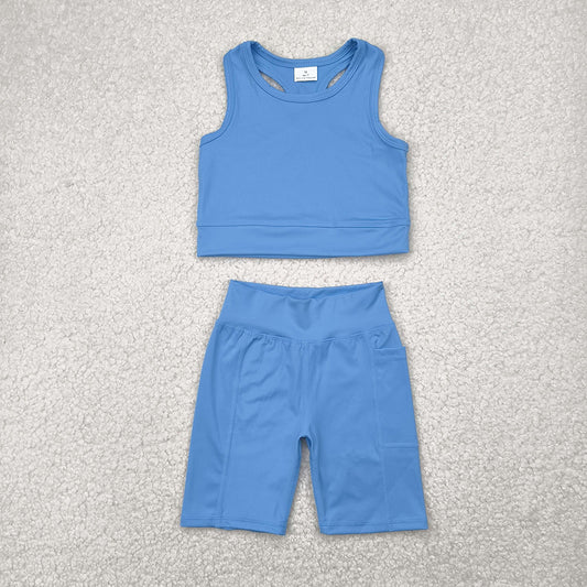 GSSO1515 Blue Vest Top Yoga Biking Shorts Boutique Outfits Sets
