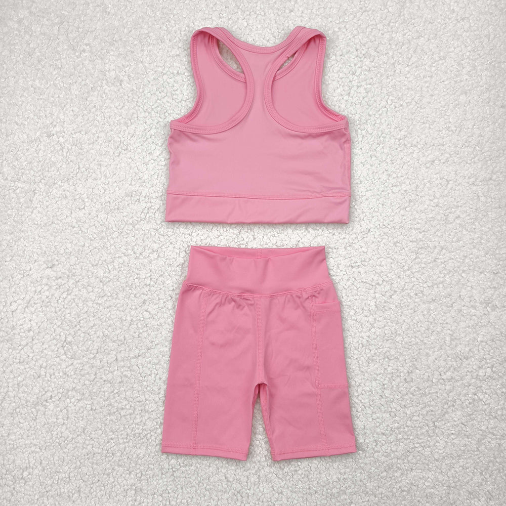 GSSO1516 Pink Vest Top Yoga Biking Shorts Boutique Outfits Sets