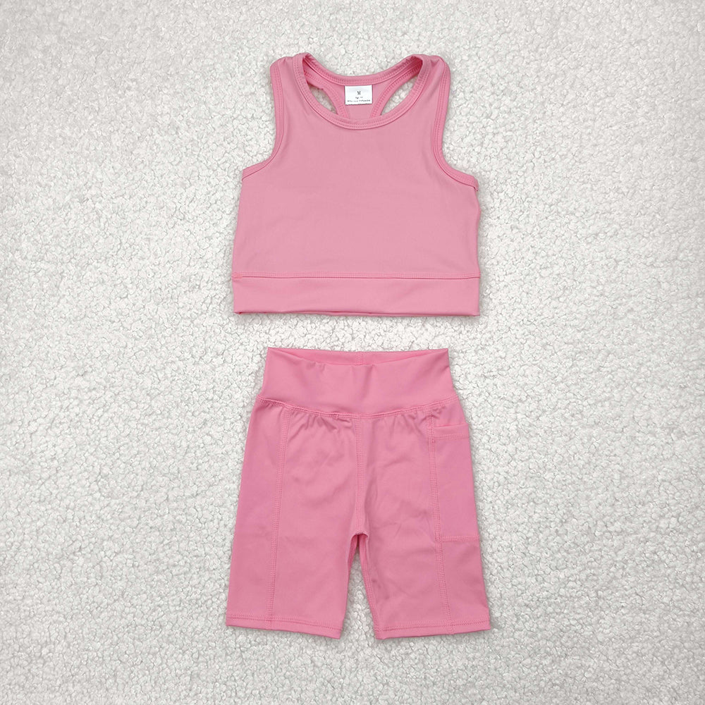 GSSO1516 Pink Vest Top Yoga Biking Shorts Boutique Outfits Sets