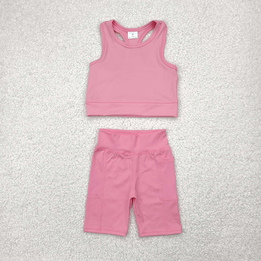 GSSO1516 Pink Vest Top Yoga Biking Shorts Boutique Outfits Sets