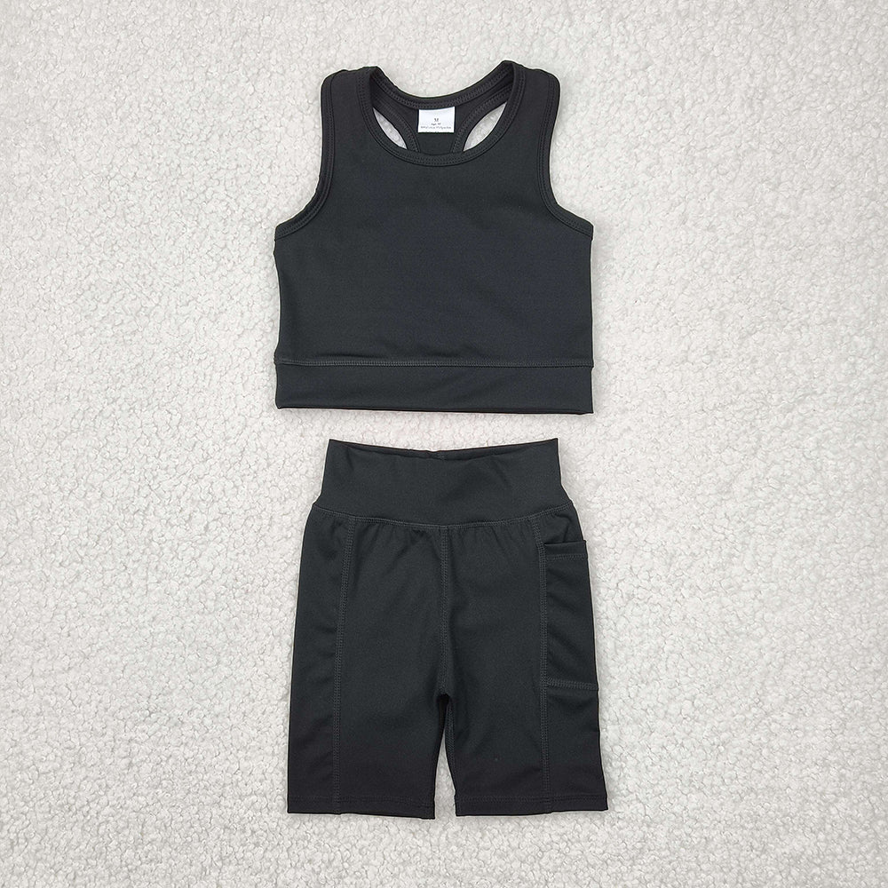 GSSO1517 Black Vest Top Yoga Biking Shorts Boutique Outfits Sets