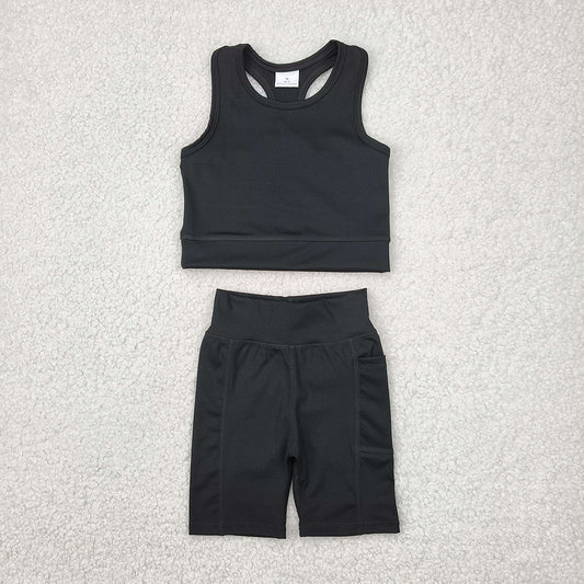 GSSO1517 Black Vest Top Yoga Biking Shorts Boutique Outfits Sets