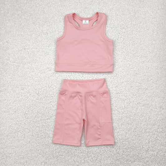 GSSO1518 Pink Vest Top Yoga Biking Shorts Boutique Outfits Sets