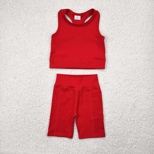 GSSO1519 Red Vest Top Yoga Biking Shorts Boutique Outfits Sets