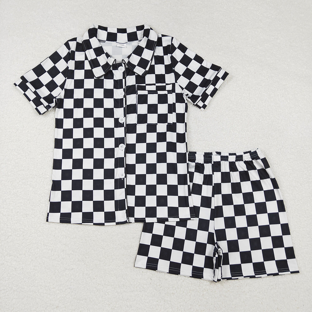 GSSO1536   adult women pajamas black checkered summer lounge wear sets