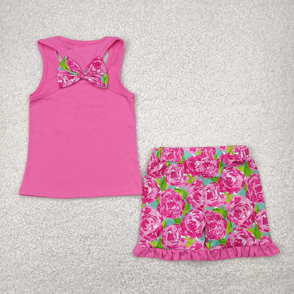 Sibling Embroidery Baby Girls Flower Bow Vest Top Ruffle Shorts Clothes Sets