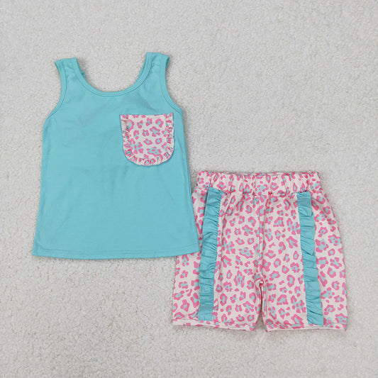 GSSO1784 baby girls blue bow leopard summer outfits