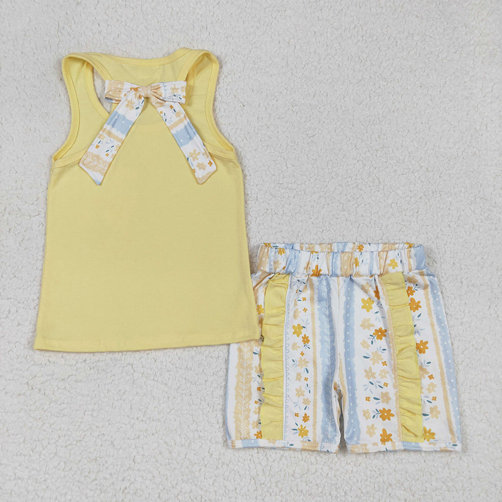 GSSO1788 baby girls yellow bow flowers summer outfits