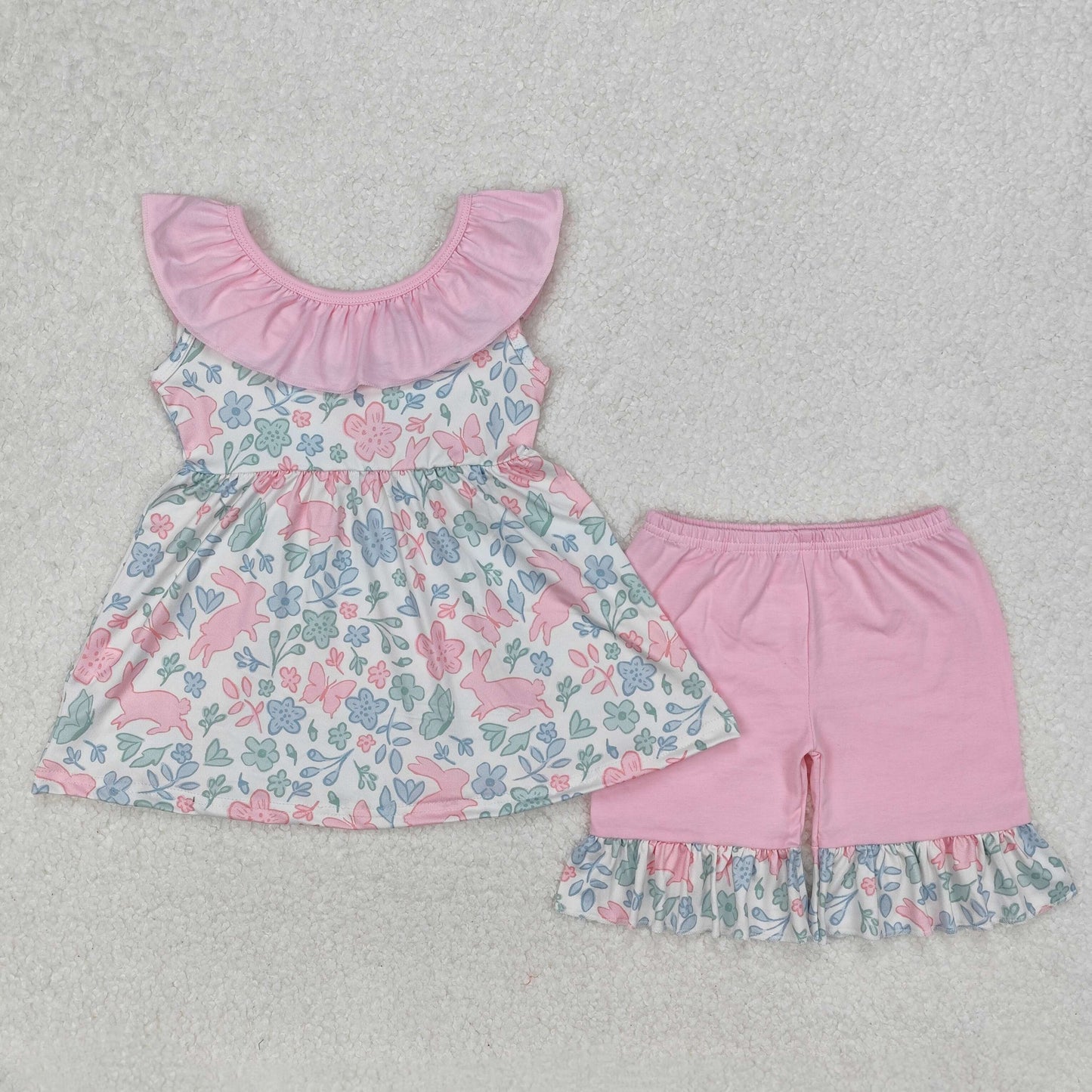 Sibling Baby Girls Sleeveless Floral Print Bow Tunic Ruffle Shorts Clothes Sets