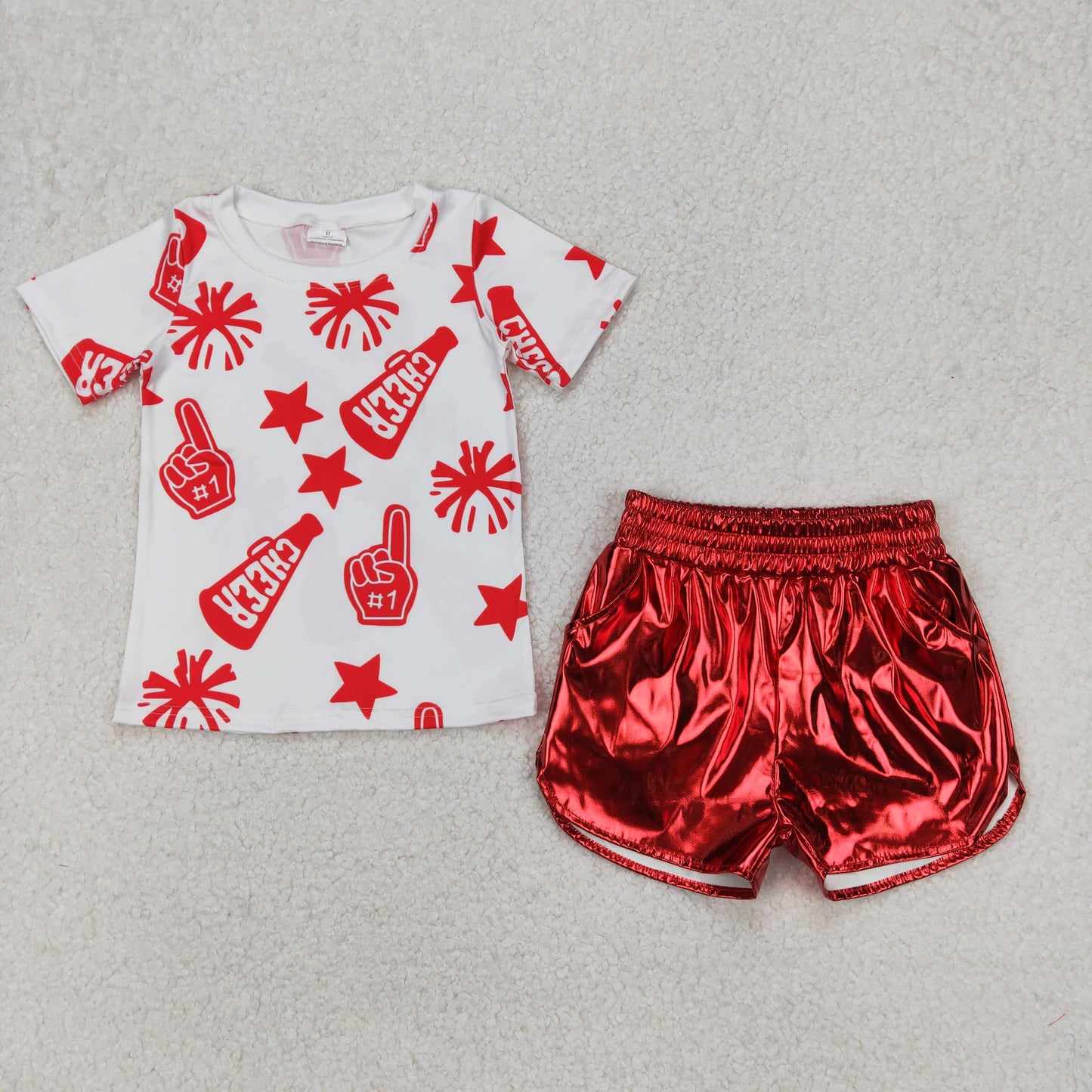 Sibling Baby Girls Cheer Team Shirts Top Leather Shorts Summer Clothes Sets