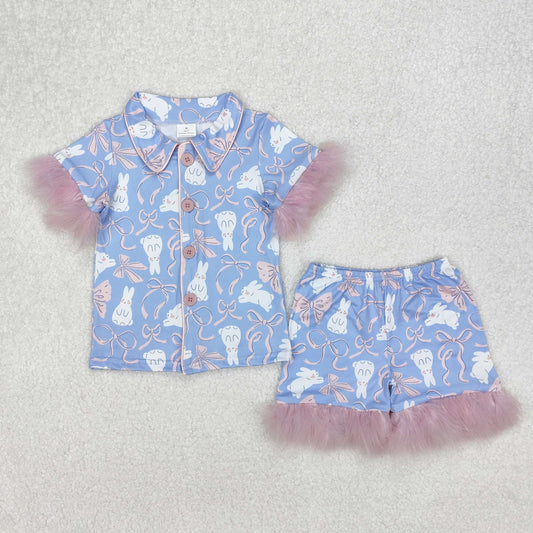 GSSO1946 Baby Girls Bows Rabbits Button Top Shorts Fur Sleeve Easter Pajamas Sets