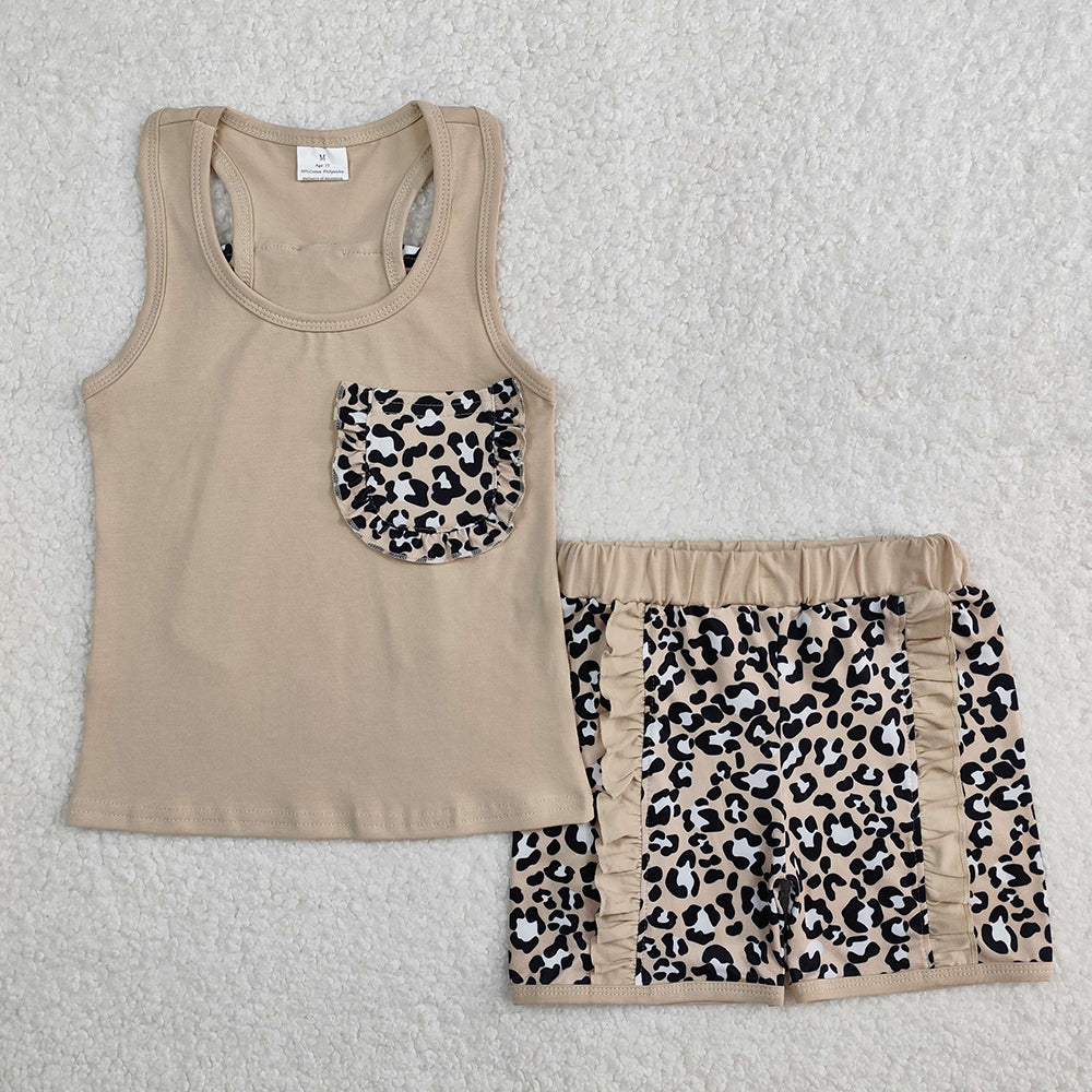 GSSO1979 baby girls khaki bow leopard summer outfits
