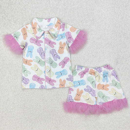 GSSO2020  Baby Girls Rabbits Button Top Shorts Fur Sleeve Easter Pajamas Sets
