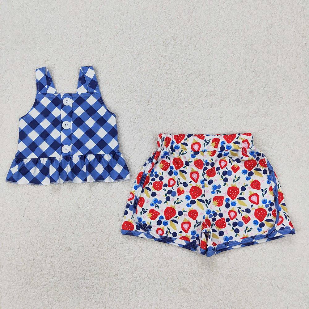 GSSO2025 Blue Strawberry Top Shorts Boutique Outfits Sports Sets