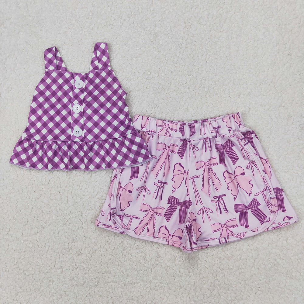 GSSO2035 Purple Top Bows Shorts Boutique Outfits Sports Sets