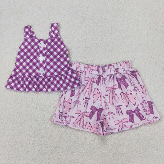 GSSO2035 Purple Top Bows Shorts Boutique Outfits Sports Sets