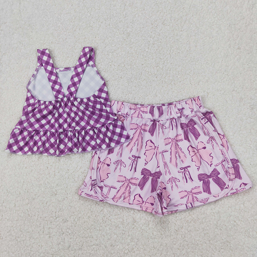 GSSO2035 Purple Top Bows Shorts Boutique Outfits Sports Sets