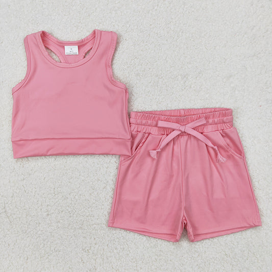 GSSO2130 Baby girls pink top yoga shorts outfits sets