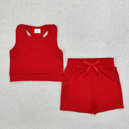 GSSO2131 Baby girls red top yoga shorts outfits sets
