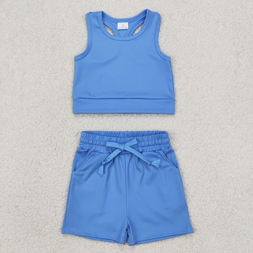 GSSO2132 Baby girls blue top yoga shorts outfits sets