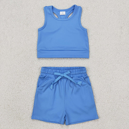 GSSO2132 Baby girls blue top yoga shorts outfits sets