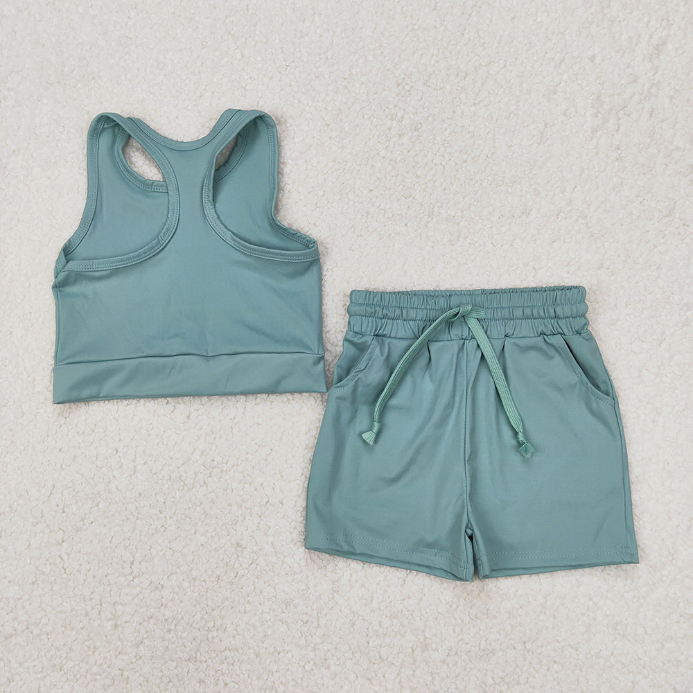 GSSO2133 Baby girls green top yoga shorts outfits sets