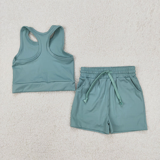 GSSO2133 Baby girls green top yoga shorts outfits sets