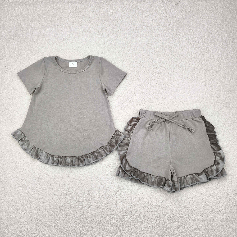 GSSO2182 Grey Tunic Velvet Top Ruffle Shorts Boutique Outfits Sports Sets