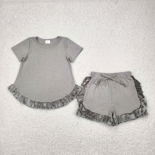 GSSO2182 Grey Tunic Velvet Top Ruffle Shorts Boutique Outfits Sports Sets